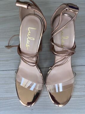 Lulu's Rose Gold Strappy Heels with Clear Toe Band